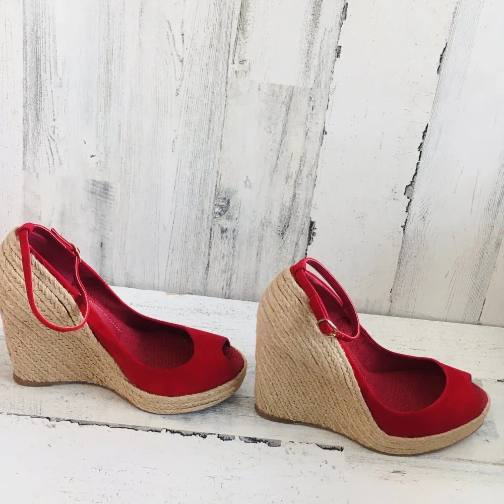 NIB Jean Michael Cazabat Zulaka Red Wedge Espadrille Ankle Strap Suede - Picture 6 of 10